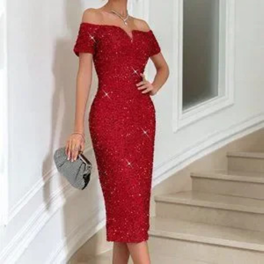 ZARA Red Preppy Womens Off Shoulder Notched Neckline Sequin Bodycon Dress